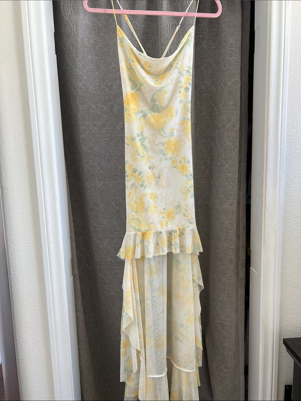 Express Yellow Floral High-Low Slip Dress with Ruffle Hem